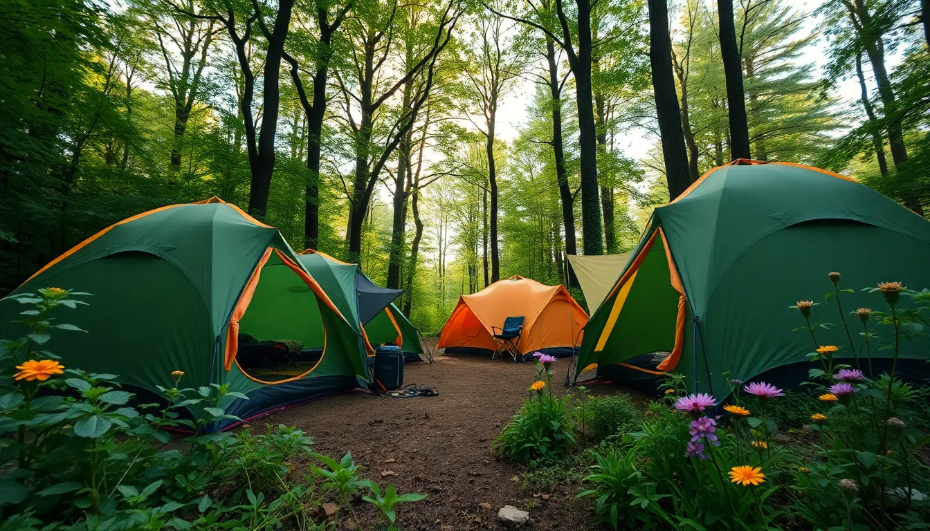 This image showcases a vibrant camping setup nestled within a lush forest, seen from a high angle. Colorful tents are surrounded by rich green ferns and wildflowers, creating a striking contrast against the earthy backdrop. Diffused daylight creates soft shadows and highlights, enhancing the natural color palette. The leading lines of the path invite the viewer to explore this tranquil outdoor sanctuary.