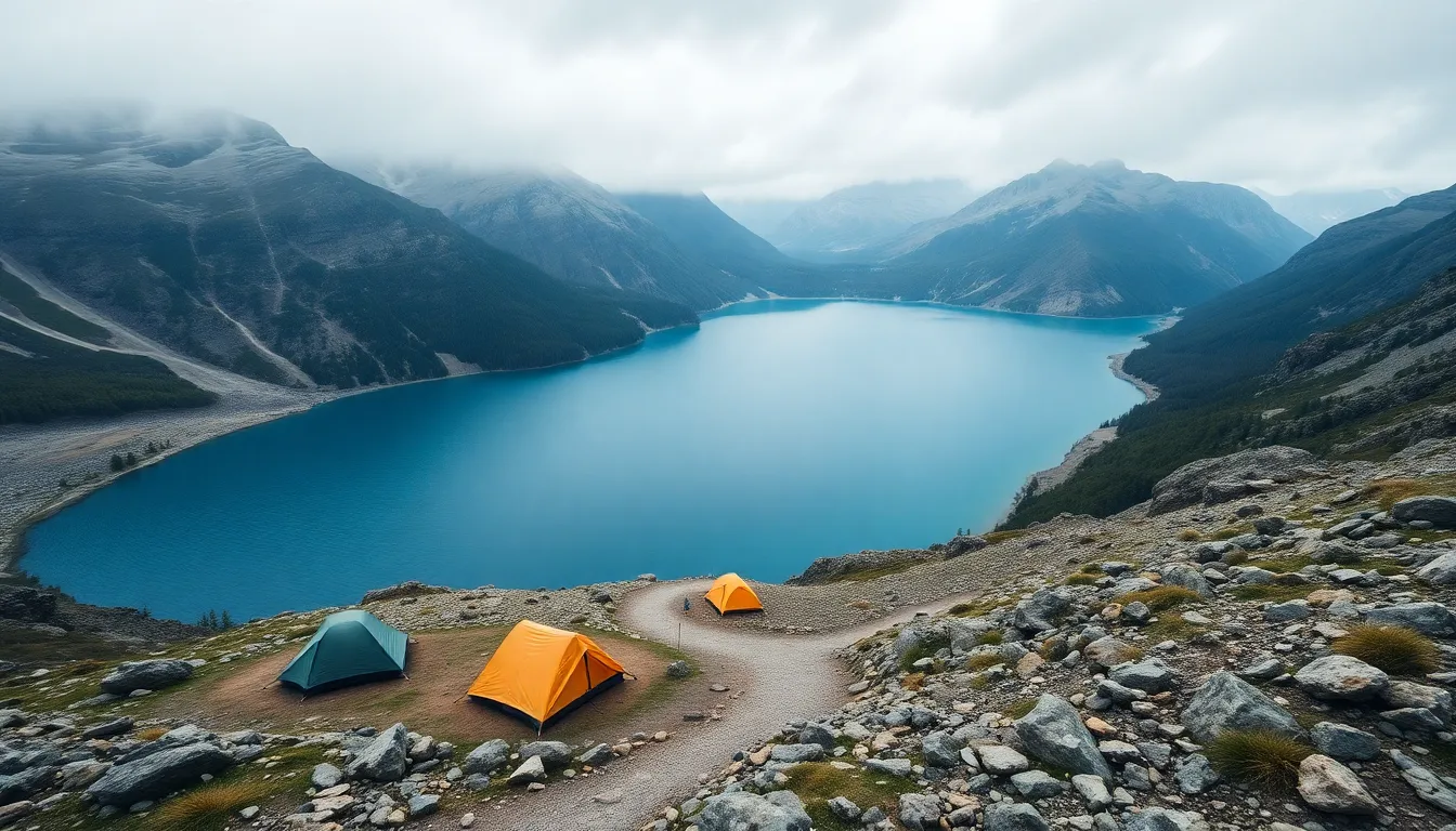 This breathtaking high-angle view showcases a tranquil campsite nestled beside a stunning mountain lake. Surrounded by rugged peaks and lush greenery, the site features colorful tents harmoniously placed along a winding trail. Overcast skies diffuse the sunlight, creating an inviting atmosphere perfect for outdoor adventure. The glistening water and textured rocks add depth, making it an ideal image for travel and nature enthusiasts.