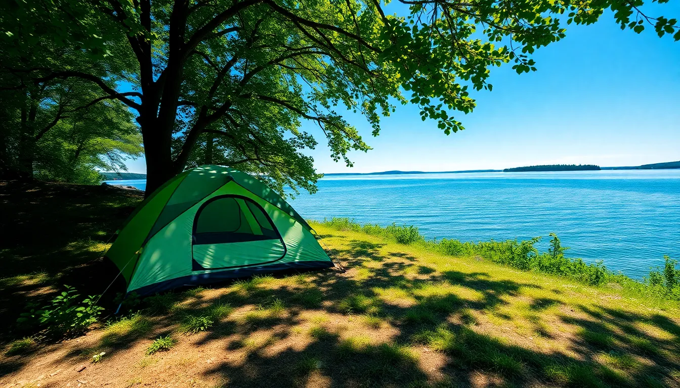 Lush Lakefront Camping Setup A vibrant lakefront camping scene featuring a colorful tent surrounded by dense greenery. The reflective water and bright sky create a striking contrast with the lush surroundings. This idyllic setting radiates a sense of adventure and escape, inviting outdoor enthusiasts to immerse themselves in nature. Natural textures from the tent fabric and the rippling water enhance the photo's authenticity.