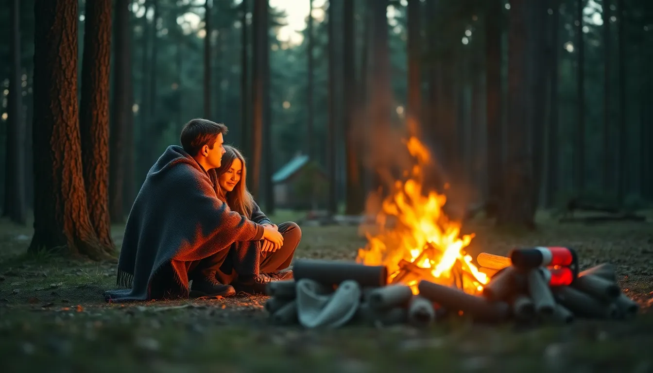 Couple Camping by the Campfire at Dawn A tranquil scene capturing a couple enjoying a cozy campfire at dawn, surrounded by tall trees. The soft light streaming through the branches highlights their relaxed expressions and the inviting warmth of the fire. Rich oranges and earthy tones dominate the image, creating a peaceful and intimate atmosphere. The blurred forest background adds depth, emphasizing the couple's connection to nature.
