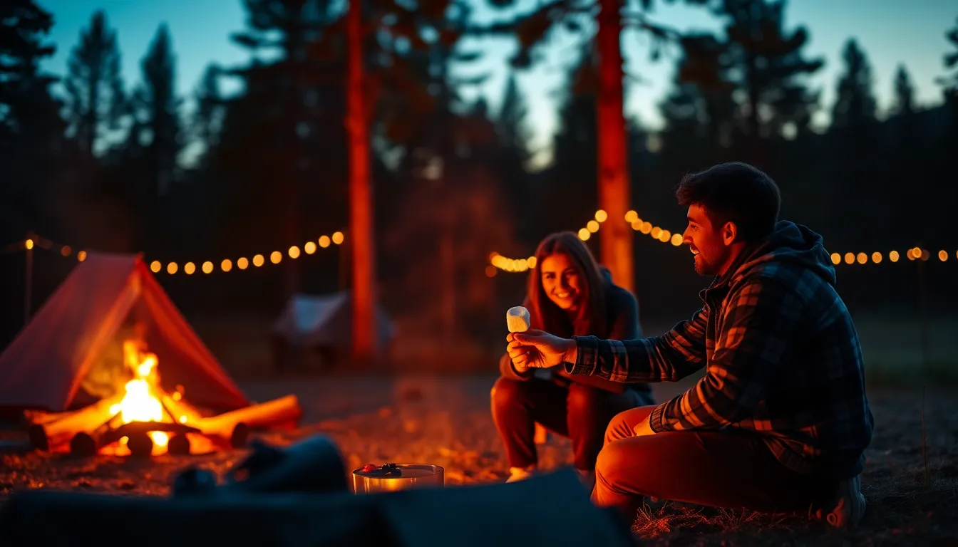 This image captures a cozy campsite during dusk, featuring a couple gathered around a glowing campfire, toasting marshmallows. The warm light contrasts beautifully against the deep blue evening sky, with pine trees framing the scene. The shallow depth of field adds a dreamy quality, focusing on the couple while the background softly blurs. This moment evokes a sense of warmth, connection, and the tranquility of nature.