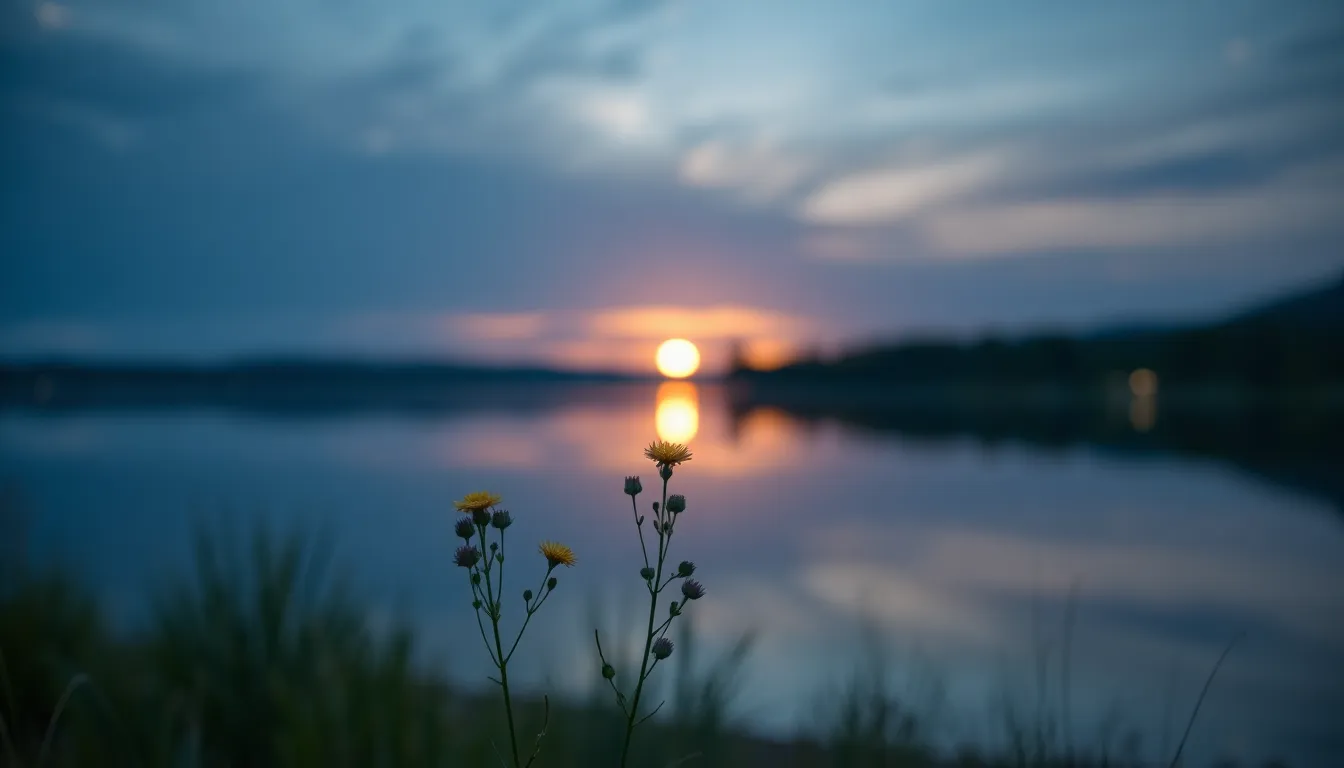 This enchanting lakeside scene captures the calm beauty of twilight as the sun sets over the still water. The vibrant colors of the evening sky reflect in the serene lake, while delicate wildflowers frame the forefront, adding a touch of nature’s charm. The peaceful atmosphere invites reflection and calm, making it a perfect representation of a camping experience by the water.