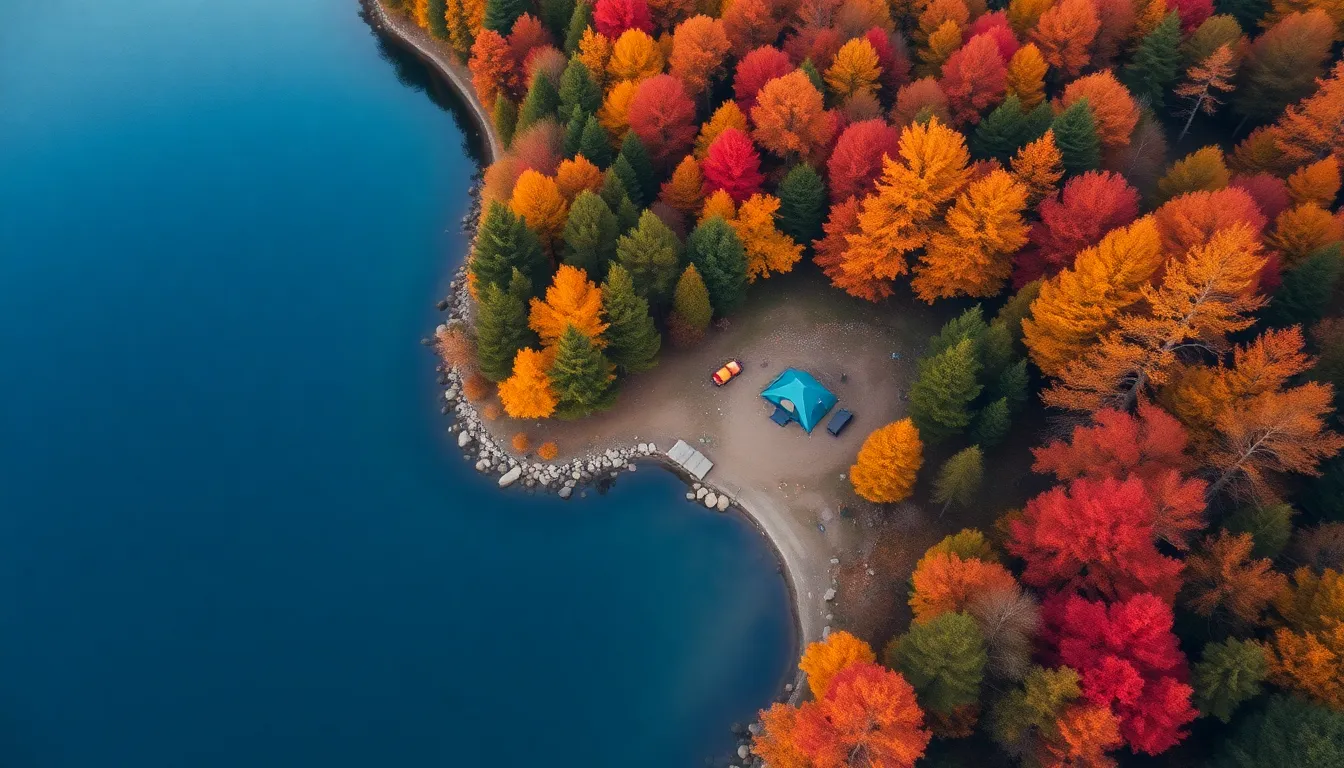 This breathtaking aerial view captures a serene campsite nestled by a tranquil blue lake, surrounded by the vibrant colors of autumn foliage. The soft daylight reflects beautifully off the water, accentuating the warm reds and oranges of the leaves. The composition invites viewers to explore the balance between the campsite and the expansive natural beauty of the lake. This image embodies the essence of peaceful outdoor living, perfect for inspiring future camping trips.