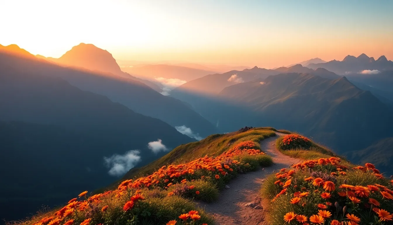 A breathtaking view of majestic mountains at sunrise, where golden light kisses the peaks while mist dances in the valleys. This ethereal landscape invites adventure and exploration, with a winding path leading through colorful foreground flowers towards the imposing mountain backdrop. The vibrant colors and sharp detail create a sense of tranquility and awe, capturing the beauty of nature.