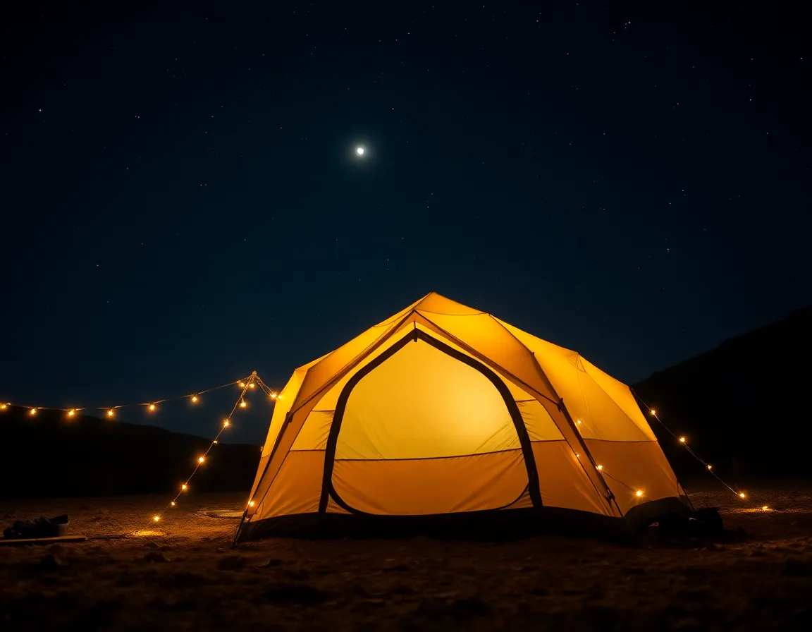 This enchanting image captures a nighttime camping scene featuring a cozy tent illuminated by glowing string lights beneath a starry sky. The warm glow from the lights creates a magical atmosphere, beautifully contrasting with the cool blue tones of the night. The sharp focus on the tent invites viewers into this serene moment, while the blurred stars provide a dreamy backdrop. This scene perfectly encapsulates the wonder and tranquility of camping at night, inspiring a sense of adventure and peace.