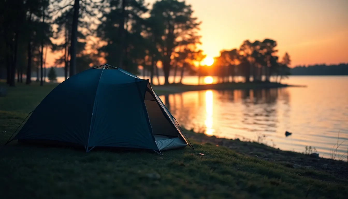 This serene image showcases a tranquil lakeside camping scene at sunset, with warm hues reflecting beautifully on the water's surface. Tents are pitched along the shore, framed by silhouettes of trees, creating a peaceful outdoor atmosphere. The pastel tones evoke a sense of calm and relaxation, inviting viewers to imagine themselves in this idyllic escape. This photo captures the beauty of nature and the simple joys of camping under a breathtaking sunset.