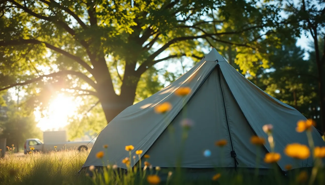 A picturesque camping scene featuring a weathered canvas tent nestled among wildflowers. Dappled sunlight filters through a lush tree canopy, highlighting the vibrant colors of the surroundings. The image captures the serene atmosphere of nature, inviting viewers to imagine a peaceful retreat. The tent, with its rich textures, adds a focal point to the composition, emphasizing the harmony between man and nature.