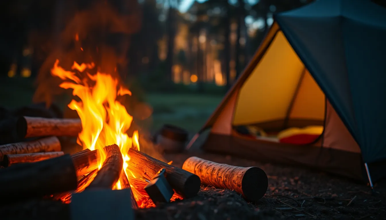 Cozy Campsite With Campfire at Twilight A serene campsite scene at twilight, with a warm campfire crackling in the foreground and a cozy tent softly illuminated by the evening glow. The image captures the essence of camping, highlighting the natural textures of the firewood and tent fabric. Rich oranges and deep blues create a tranquil and inviting atmosphere. The composition draws the viewer's eye through the scene, enhancing the feeling of being immersed in nature.