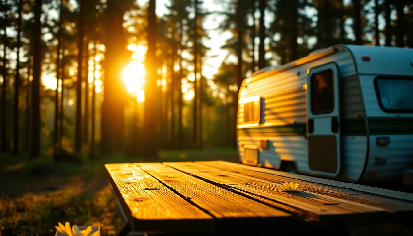 A heartwarming scene of a group of friends gathered around a glowing campfire during sunset. The warm light envelops them, reflecting off their joyful expressions. Tall pine trees frame the campsite, while vibrant wildflowers add pops of color amidst the weathered wood. The atmosphere is inviting and cozy, perfect for storytelling and camaraderie under the fading light.