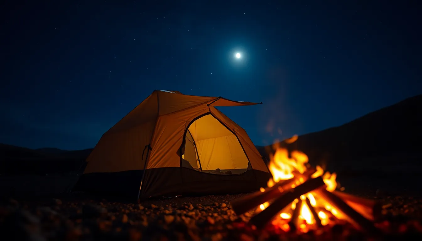This evocative camping scene captures a cozy tent illuminated by a radiant campfire under a starry sky. The night air is filled with a warm glow as the flames dance, creating a tranquil atmosphere perfect for adventure lovers. Deep blues and fiery oranges blend harmoniously, while the soft focus of the forest background enhances the peaceful mood. The composition draws the eye to the inviting tent, nestled in the wild.