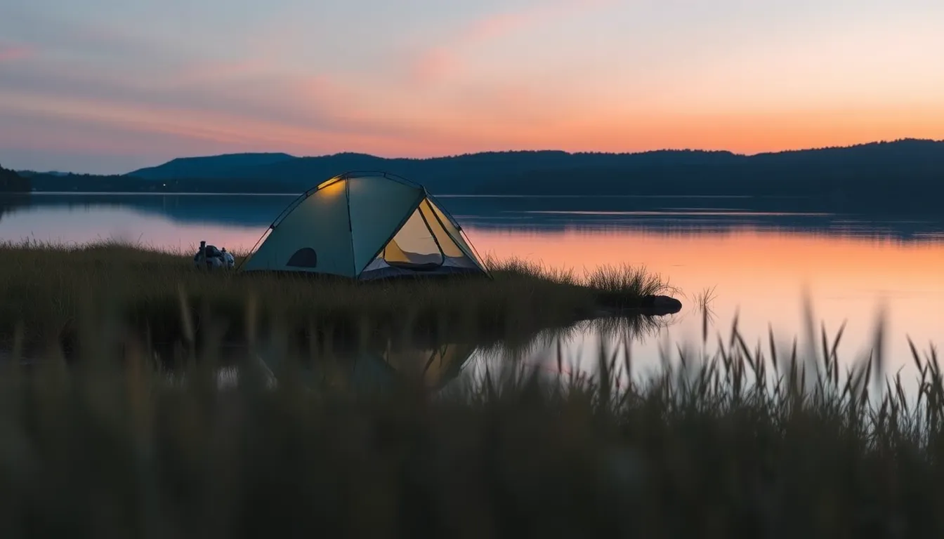 Tranquil Lakeside Campsite at Dusk This serene image captures a picturesque lakeside campsite during dusk, featuring a tent nestled amidst tall grasses. The calm water reflects the pastel hues of the sunset, enhancing the tranquility of the setting. Soft ambient light envelops the scene, creating an inviting atmosphere. The composition draws the viewer's eye to the tent while the bokeh effect in the background adds to the dreamlike quality of the image, perfectly encapsulating the beauty of nature.