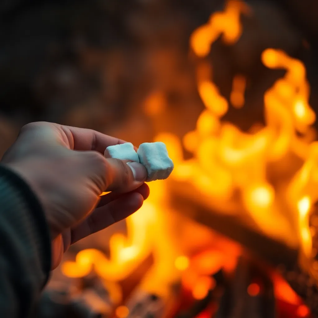 This intimate image showcases a close-up at a campfire, featuring a hand skillfully roasting marshmallows over the glowing embers. The warm firelight bathes the scene in golden hues, highlighting the textures of the marshmallows and the hand. The soft bokeh of the flames in the background creates a cozy, inviting atmosphere. This delightful moment evokes nostalgia and warmth, perfect for capturing the essence of camping traditions.