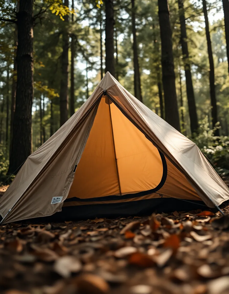 A serene camping setup nestled in a tranquil forest, beautifully captured in rich detail. The soft daylight filtering through the leaves creates an inviting atmosphere around the canvas tent. With the foreground sharply focused, the background melts into a peaceful blur, making the camping essentials pop. The earthy colors harmonize with the natural environment, while the textures of the tent's fabric and forest floor enhance the immersive feel of this outdoor escape.