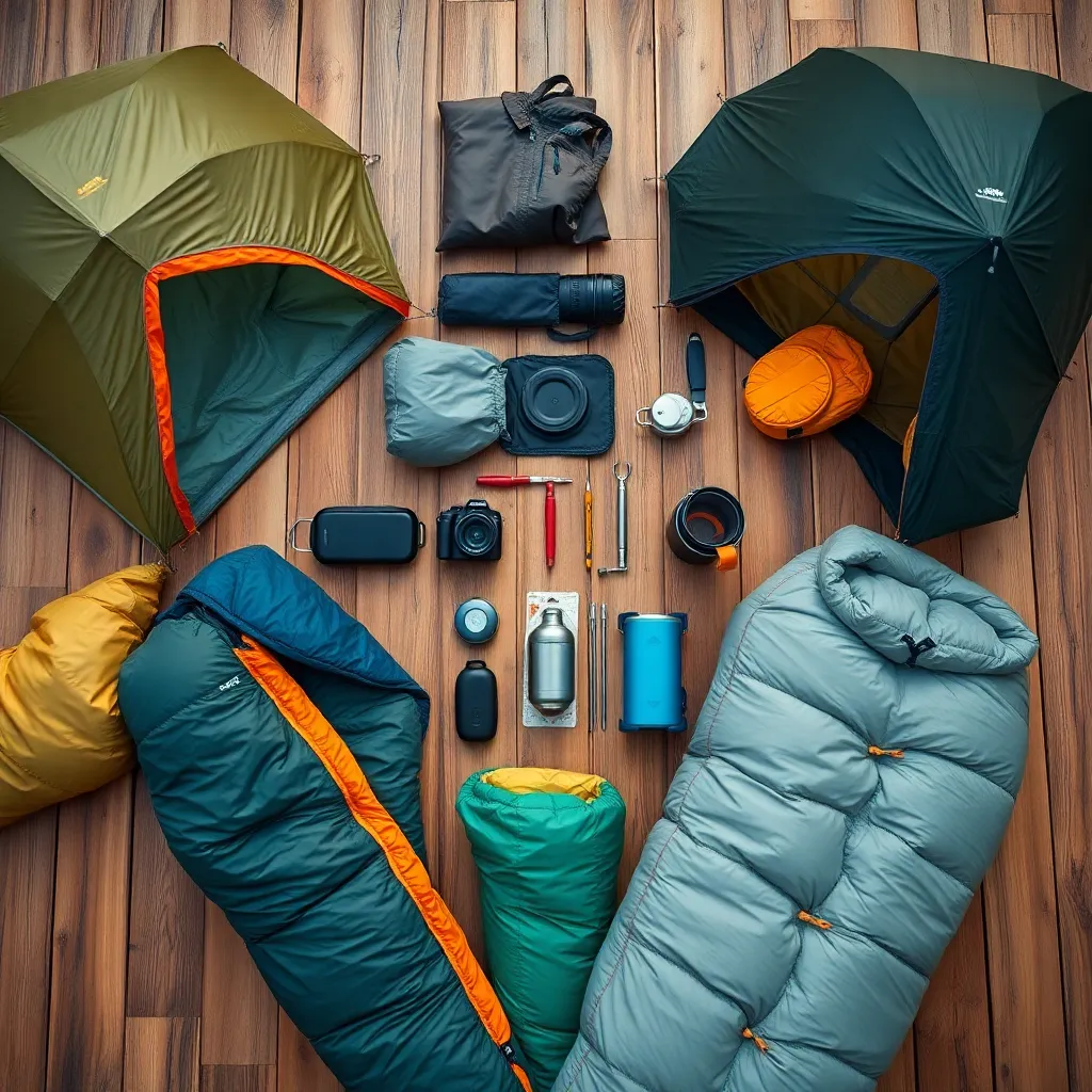 Detailed Camping Gear on Wooden Surface A hyper-detailed shot of camping gear meticulously arranged on a natural wood surface. The soft, diffused lighting enhances the textures of the tents, sleeping bags, and cooking equipment, creating a rich visual experience. Earthy tones with vibrant accents from the gear highlight the beauty of outdoor equipment. The symmetrical composition draws attention to the meticulous details, making it ideal for showcasing camping essentials.