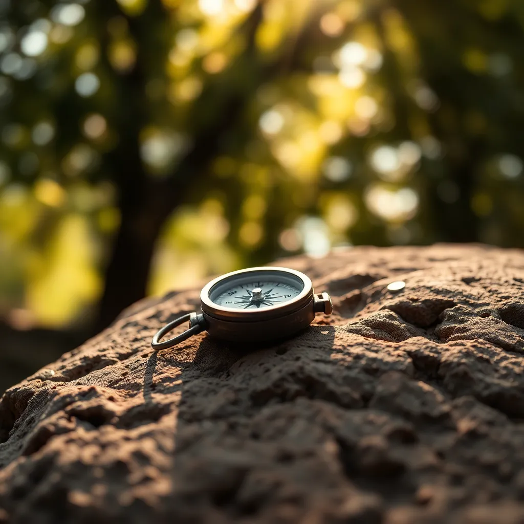A close-up shot of a vintage compass placed on a rugged rock, capturing the essence of adventure in the wild. Sunlight filters through the treetops, creating stunning bokeh and highlighting the compass's details. The earthy tones evoke a sense of exploration, making it a perfect representation of camping enthusiasm and outdoor escapades.