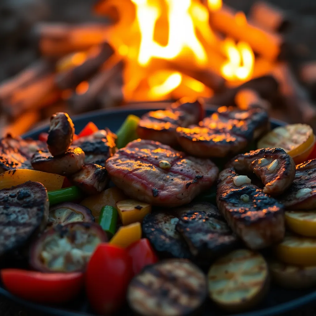 This mouthwatering close-up showcases a beautifully arranged campfire meal featuring grilled vegetables and savory meat, all illuminated by the warm glow of the fire. The vivid colors pop against the softly blurred background, creating an inviting and lush outdoor dining experience. Perfectly cooked and masterfully plated, this image captures the essence of culinary creativity in camping. It invites viewers to indulge in the joy of outdoor cooking.