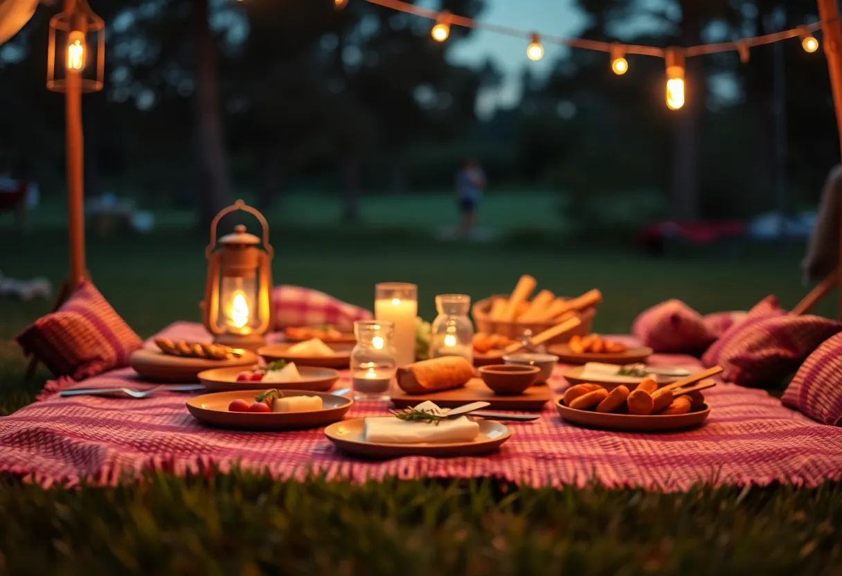 Campsite Dining Setup at Dusk An inviting close-up of a campsite dining setup at dusk, featuring woven picnic blankets and rustic wooden dinnerware illuminated by the warm glow of lanterns. The arrangement is thoughtfully designed with delicious food creating a homely atmosphere. The rich color palette of warm tones enhances the coziness of the scene, making it feel inviting and intimate. The composition centers on the dining setup, emphasizing the textures of the materials used.