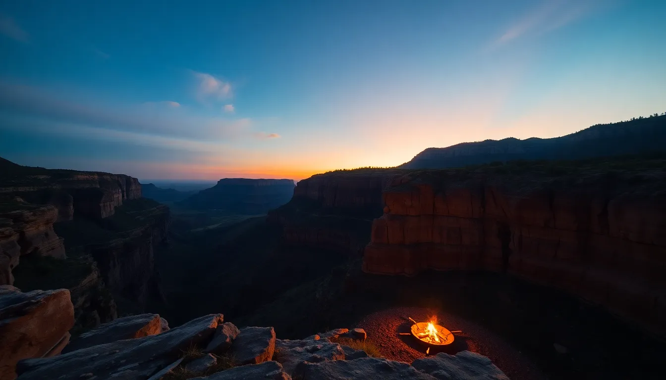 A mesmerizing view of a campfire nestled at the base of dramatic cliffs at dusk, illuminated by golden hour light. The warm glow of the fire contrasts beautifully with the rich colors of the cliffs and the sky, creating a captivating scene of nature's beauty. Leading lines guide the eye toward the fire, enhancing the inviting atmosphere of a perfect evening in the wild.