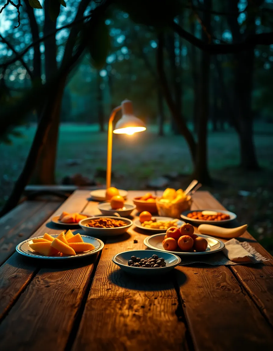 An inviting picnic table set under a sprawling tree canopy, featuring a delightful spread of fresh fruits and rustic tableware. The warm glow of a tungsten lamp creates a cozy atmosphere, while the shallow depth of field emphasizes the vibrant colors of the food. This engaging scene captures the essence of enjoying food in nature, inviting viewers to feel a sense of warmth and togetherness.