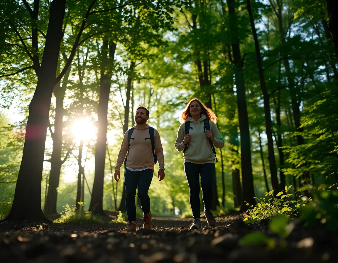 A dynamic shot of a couple hiking through a sun-dappled forest, their vibrant clothing contrasting beautifully with the greens of the trees. The bokeh created by the filtered light adds a magical quality to the image, drawing attention to the couple as they navigate the path. The scene exudes a sense of adventure and joy, perfect for conveying the excitement of exploring the great outdoors.
