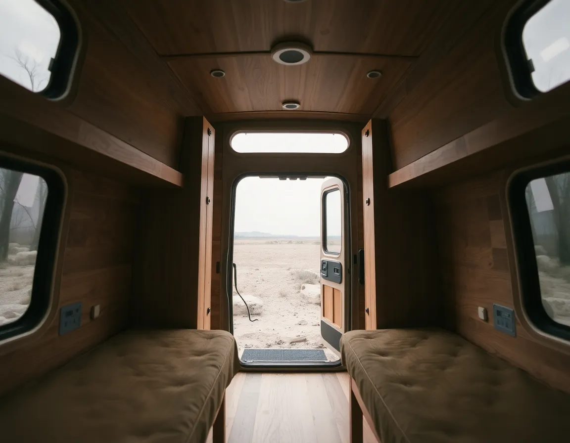 A cozy interior shot of a rustic camper van set against an overcast backdrop. Natural light filters softly through the windows, illuminating the warm wood textures inside. The open door provides a glimpse of the serene outdoor setting, inviting viewers to imagine their next adventure. The carefully composed image emphasizes the harmony between the indoor space and the beauty of nature beyond, creating an inviting atmosphere.