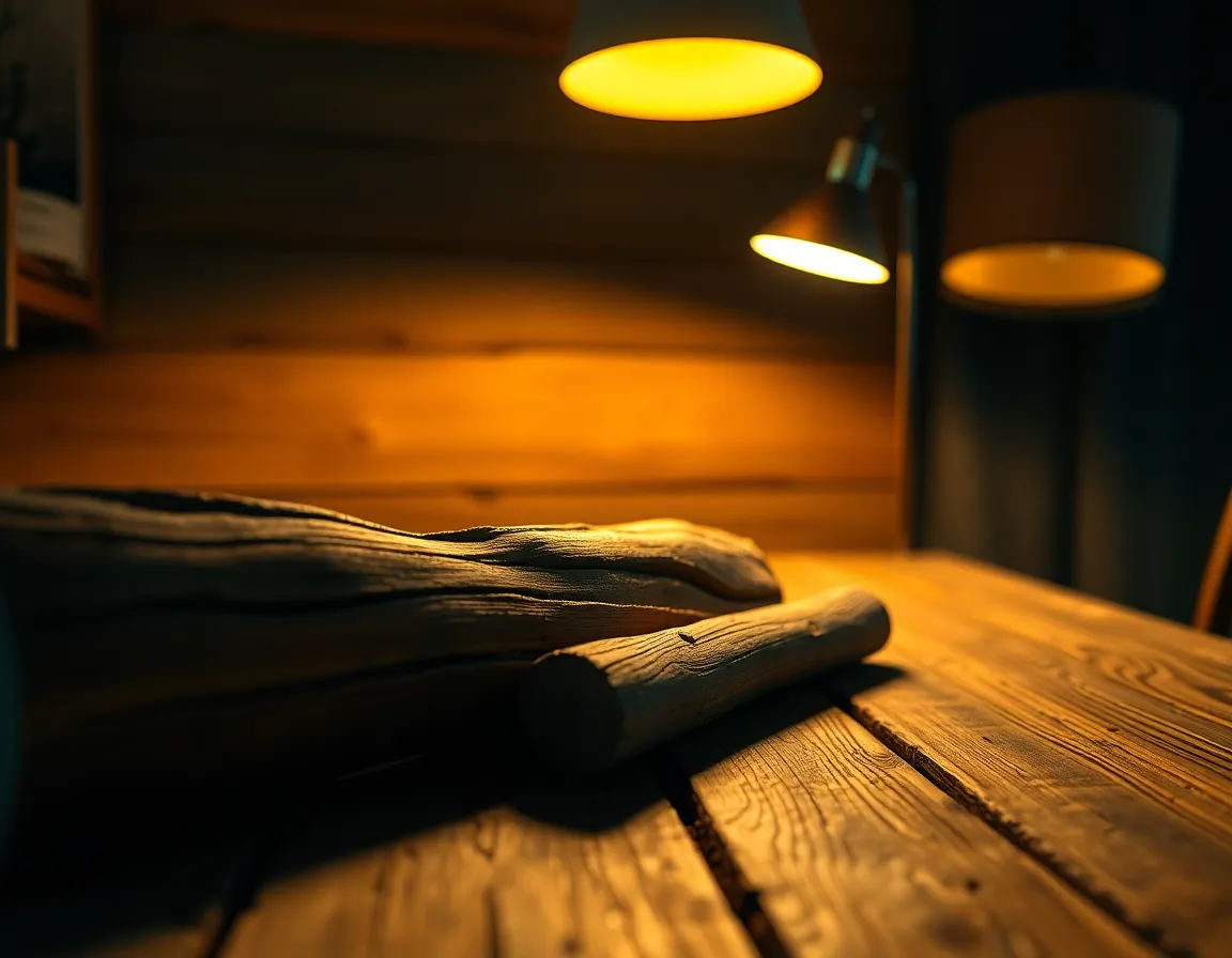 An inviting tabletop scene set at a rustic campsite, featuring dishes laid out under the warm glow of a lamp. The wooden table showcases intricate textures, complemented by rich colors of the meal. Logs in the background guide the viewer's eye towards the delicious spread, setting the mood for an appetizing outdoor dinner experience. Ideal for food and travel enthusiasts alike.