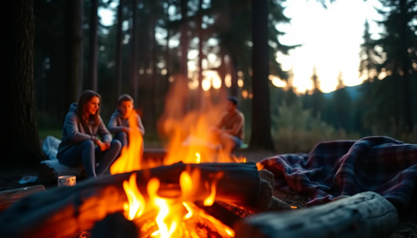 This heartwarming camping scene showcases a family gathered around a glowing campfire during golden hour. The warm light creates an inviting atmosphere, highlighting their joyful expressions and the flickering flames. In the background, tall trees stand silhouetted against a deepening twilight sky, enhancing the serene camping mood. The image captures the essence of outdoor bonding and adventure, perfect for showcasing the beauty of nature and family time.