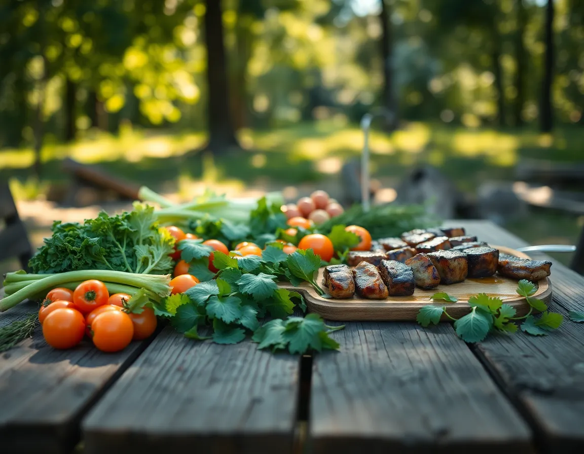 This close-up captures a vibrant camping meal beautifully arranged on a rustic wooden table, featuring an assortment of fresh vegetables and grilled meats. The afternoon sunlight filters through the leaves, adding a natural warmth to the scene and highlighting the meal's enticing colors. The textures of the weathered wood and the glistening freshness of the food invite viewers to savor the deliciousness of outdoor dining. This image encapsulates the joys of cooking and sharing meals in the midst of nature.