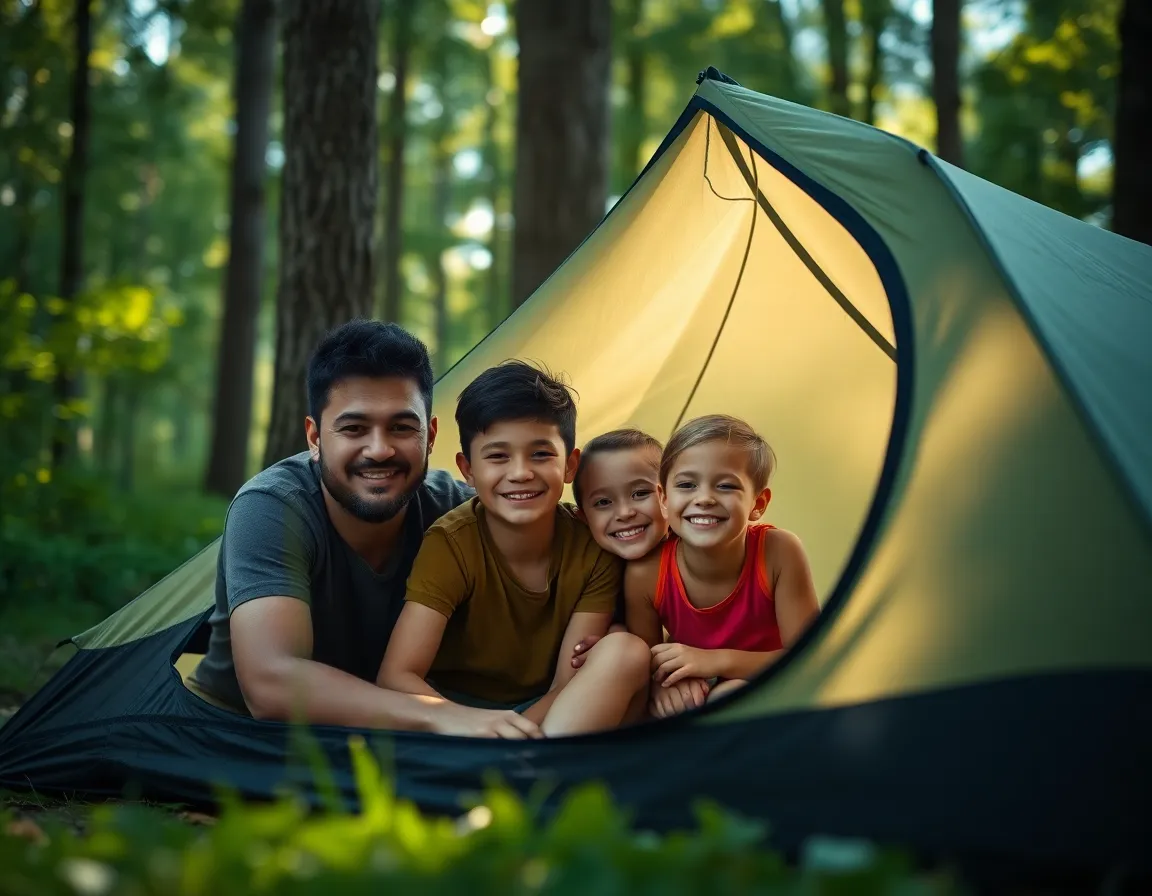 Family Setting Up Tent in Forest A delightful family moment as they set up their tent in a sun-dappled forest. The warm sunlight creates intricate shadows, enhancing the vibrant greens and browns of the natural setting. The family's joyful expressions bring the scene to life, capturing the spirit of camping. The composition skillfully draws the viewer's eye with tree trunks guiding towards the action, creating an immersive outdoor atmosphere.