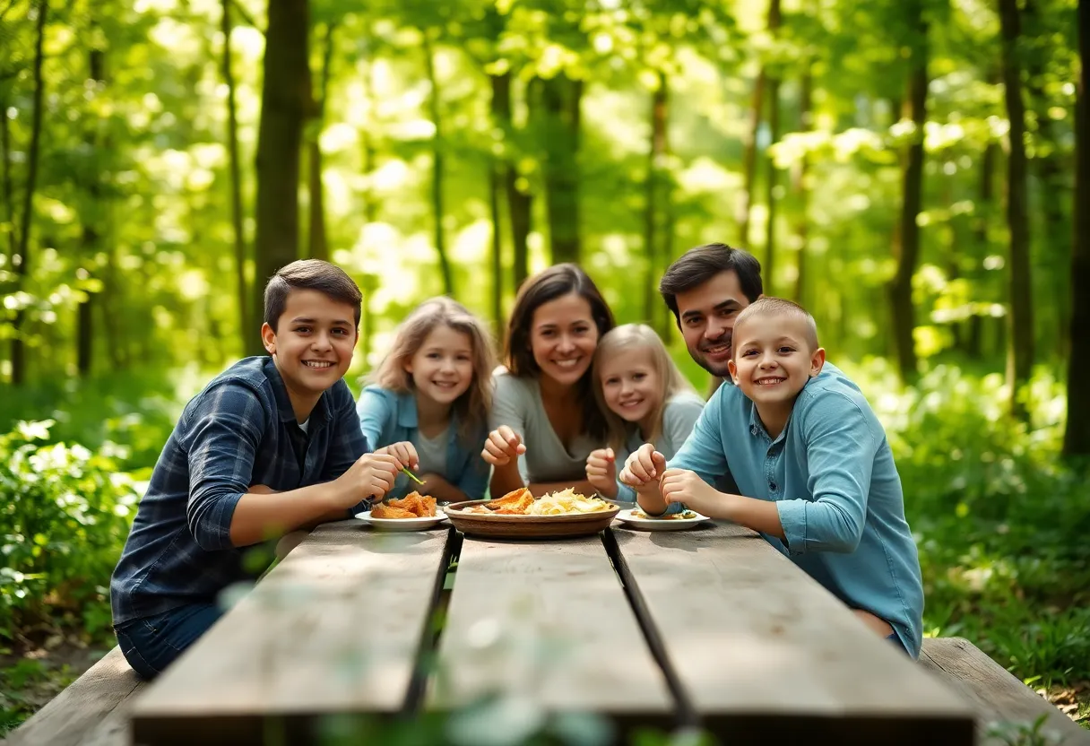 This lively image features a playful dog joyfully running through a lush pine forest during a bright afternoon. The sunlight filters gently through the trees, creating a magical atmosphere with a soft bokeh effect in the background. The vibrant greens and warm browns highlight the natural beauty of the forest, perfectly contrasting with the dog's spontaneity. This photo encapsulates the essence of adventure and freedom, making it ideal for showcasing the joys of outdoor activities with pets.