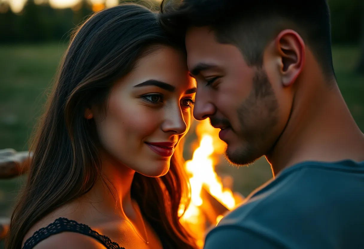 A warm, intimate moment captured as a couple shares a laugh by the campfire during golden hour. The warm backlighting creates a beautiful rim light around them, enhancing their expressions and the cozy atmosphere. The soft focus on their faces highlights the happiness and connection between them. This inviting scene showcases the beauty of camping and the simple pleasures of nature.