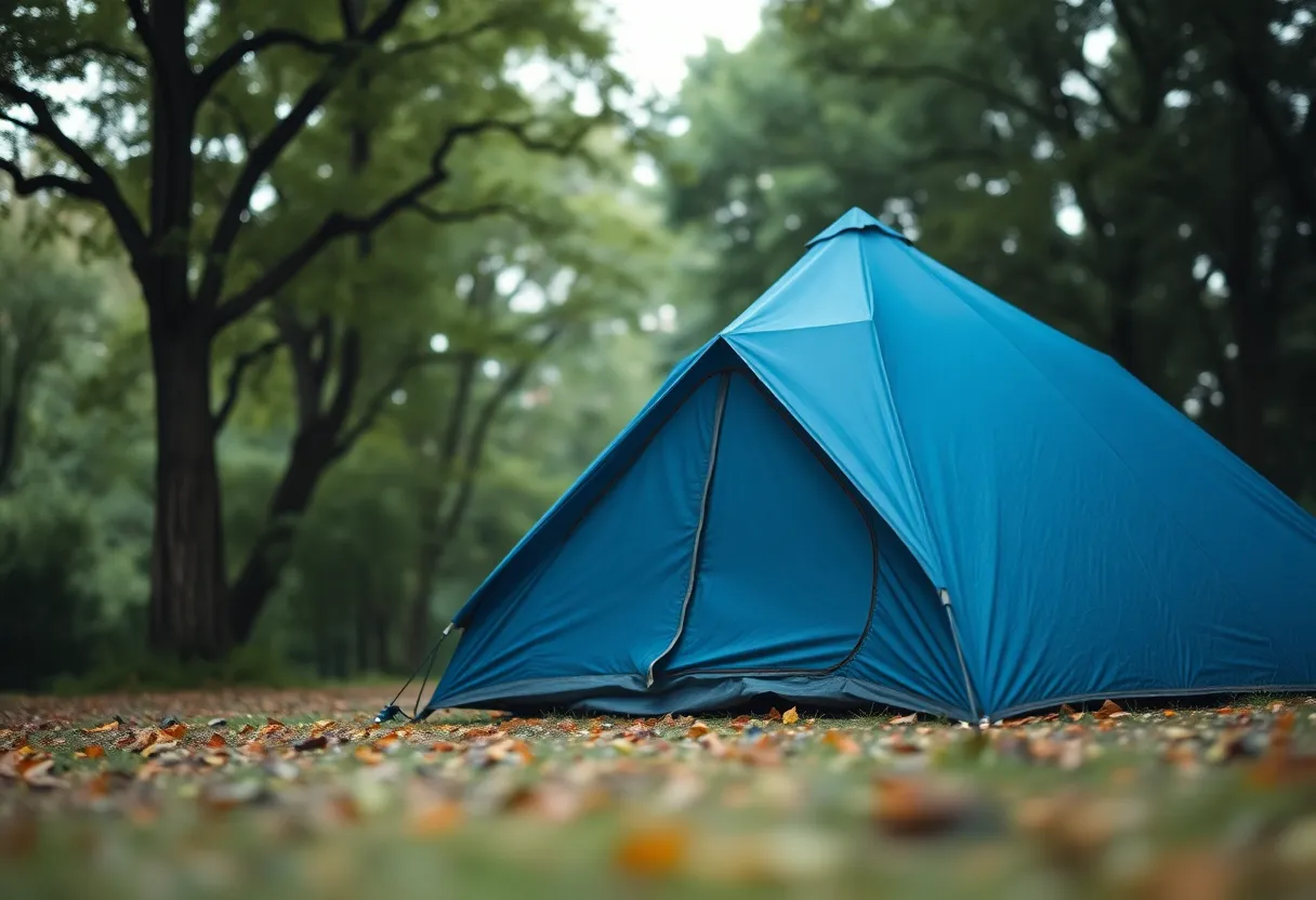 An inviting scene showing a serene campsite nestled in a dense forest. A vibrant blue tent stands in the center, flanked by lush greenery and dappled light filtering through the treetops. The atmosphere is peaceful, enhanced by soft raindrops that cling to the tent's fabric. This image captures the beauty of nature's embrace, perfect for those seeking tranquility in the wild.