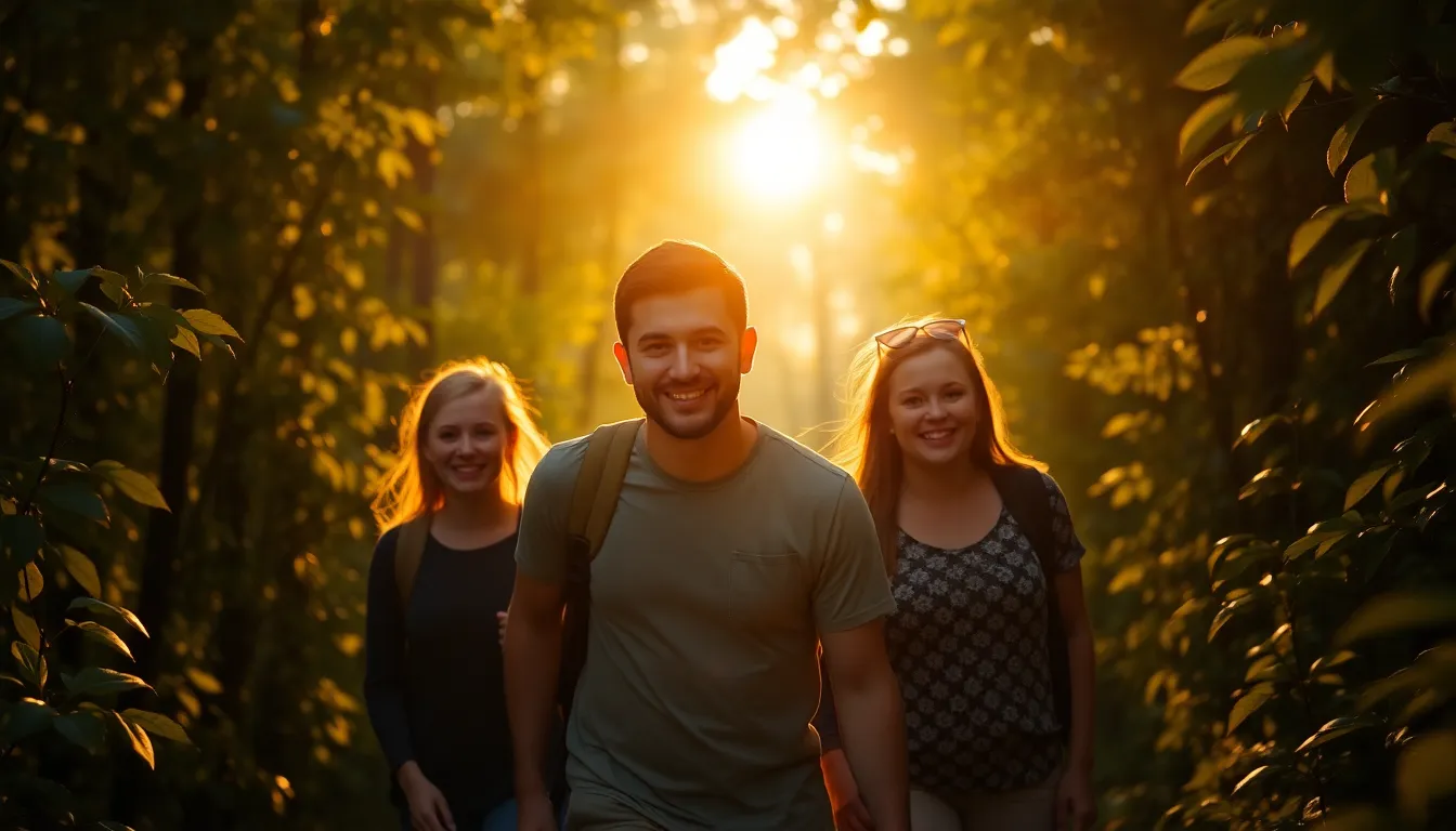 Family Hiking Through a Forest This vibrant image captures a joyful family hiking through a lush forest during golden hour. The warm light creates a halo effect around the foliage, adding depth and drama to the scene. The expressions of the family members radiate happiness and adventure, while the leading lines of the trail guide the viewer's eye through the image. The colors are rich and warm, emphasizing the beauty of nature and the bond among family members during their camping expedition.