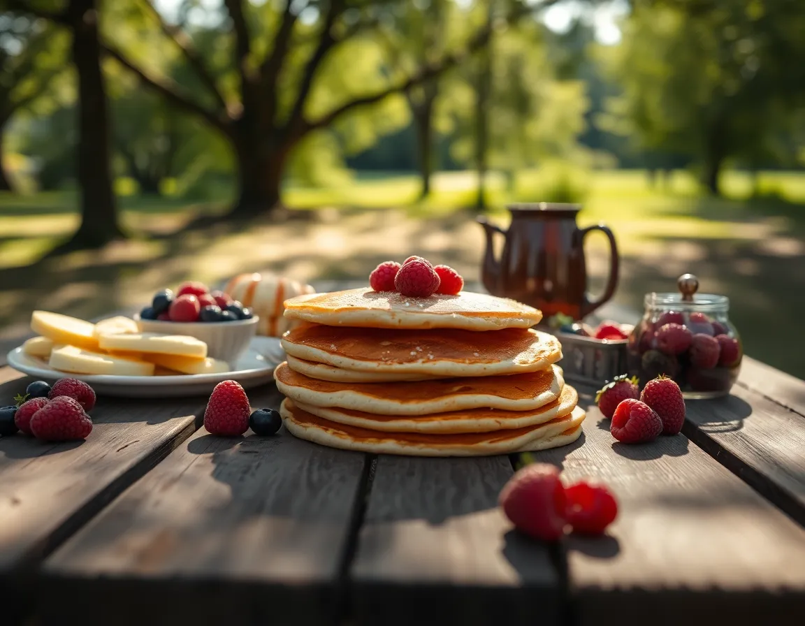 Outdoor Breakfast Spread on Picnic Table This stunning image features a beautifully arranged breakfast spread on a rustic wooden picnic table, illuminated by soft natural light. The vivid colors of golden pancakes, fresh berries, and vibrant greens create an inviting and delicious atmosphere. Every detail, from the texture of the table to the glistening fruits, is captured with precision. The composition draws the viewer's attention directly to the spread, evoking the joy of enjoying breakfast in the great outdoors.