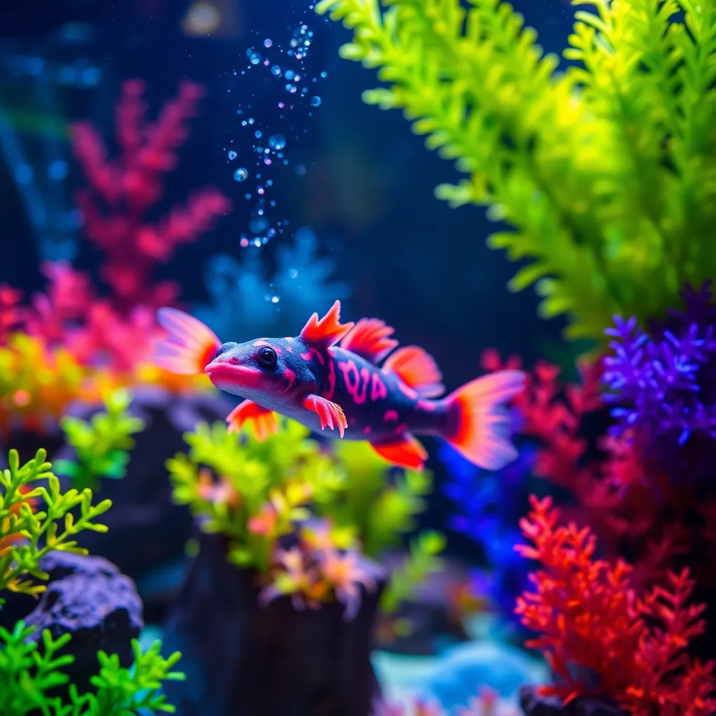 Playful Axolotl in Vibrant Aquarium This captivating image showcases a vibrant axolotl swimming joyfully in a colorful underwater landscape within a well-lit aquarium. Enhanced by dramatic spotlighting, the scene is filled with vivid shadows and striking contrasts that highlight the axolotl's brilliant hues. The rich color palette features bright greens and blues of surrounding aquatic plants, creating a lively environment. With a sharp depth of field at f/8, both the axolotl and its intricate habitat are in perfect focus, while the composition adheres to the rule of thirds, guiding the viewer's eye through this dynamic aquatic scene.