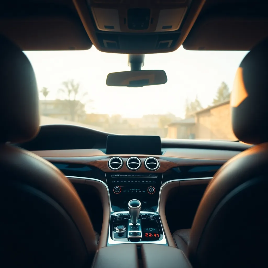 This exquisite image showcases the interior of a luxury car in stunning detail. Captured in soft ambient light, the rich textures of leather and polished wood create an inviting atmosphere. With a very shallow depth of field, the intricate details of the dashboard are highlighted against a softly blurred background. The warm color palette enhances the luxurious feel, making this interior a true highlight of automotive craftsmanship.
