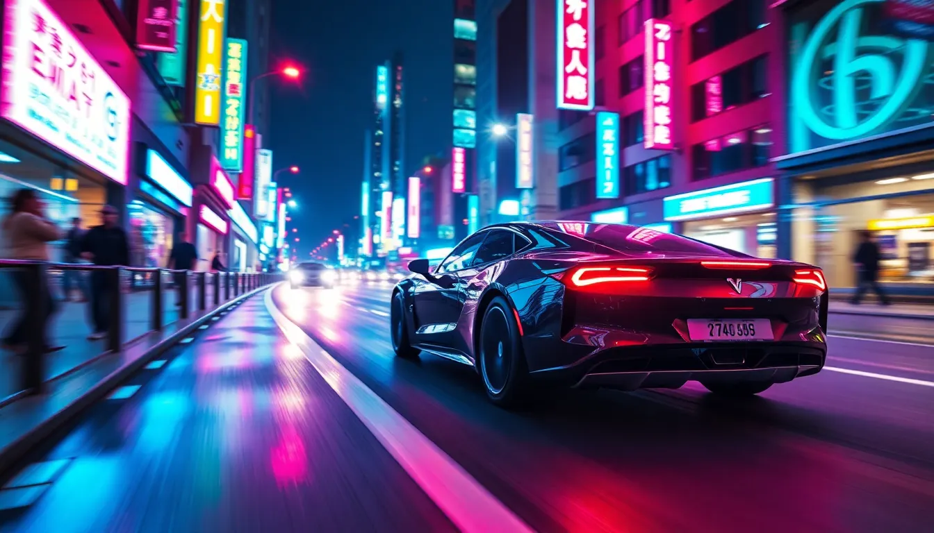 This dynamic image captures a high-performance electric car racing through a modern city street at night. The vibrant neon lights reflect on the wet pavement, creating a futuristic and electrifying atmosphere. With a shallow depth of field, the car is in sharp focus against a blurred city backdrop, emphasizing its speed and sleek design. The leading lines of the street enhance the sense of movement, making this a striking representation of urban automotive excitement.