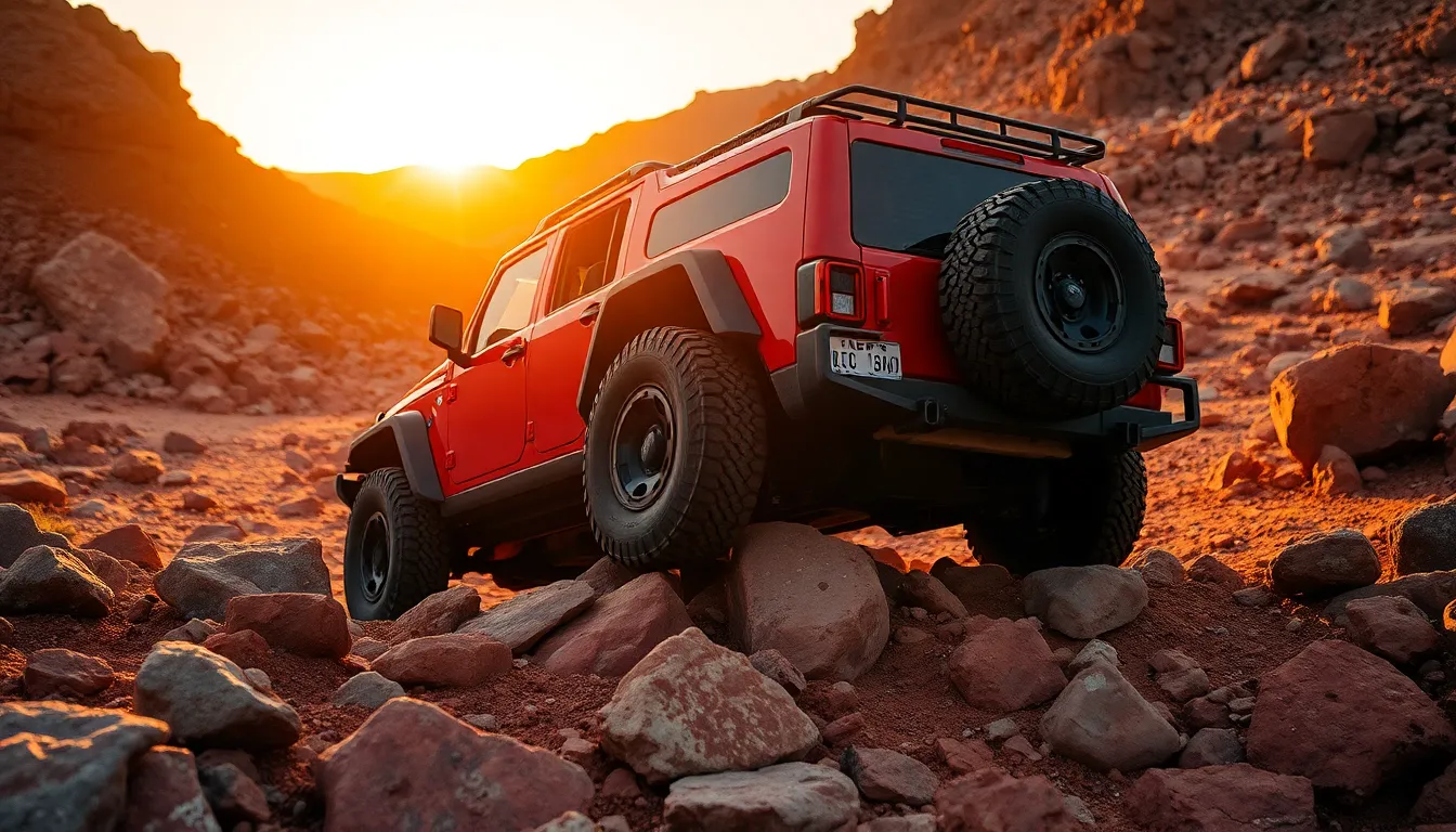 This striking image features a rugged off-road vehicle navigating a rocky landscape at sunset. The warm golden light enhances the vehicle's robust design and showcases the textural details of the landscape. With a shallow depth of field, the focus remains on the vehicle while the background softly blurs, creating a sense of adventure and exploration. The color palette of earthy red and orange tones adds to the dramatic atmosphere of the scene.