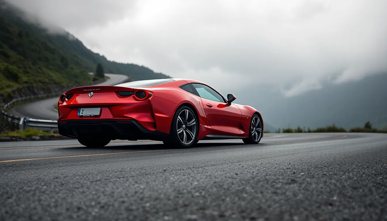 This stunning image showcases a sleek red sports car parked on a winding mountain road, surrounded by lush greenery. Captured in overcast daylight, the vibrant colors of the car pop against the muted background, thanks to the shallow depth of field. The composition draws the viewer's eye along the road, emphasizing the car's dynamic styling. The wet asphalt reflects soft light, adding to the overall polished look of the scene.