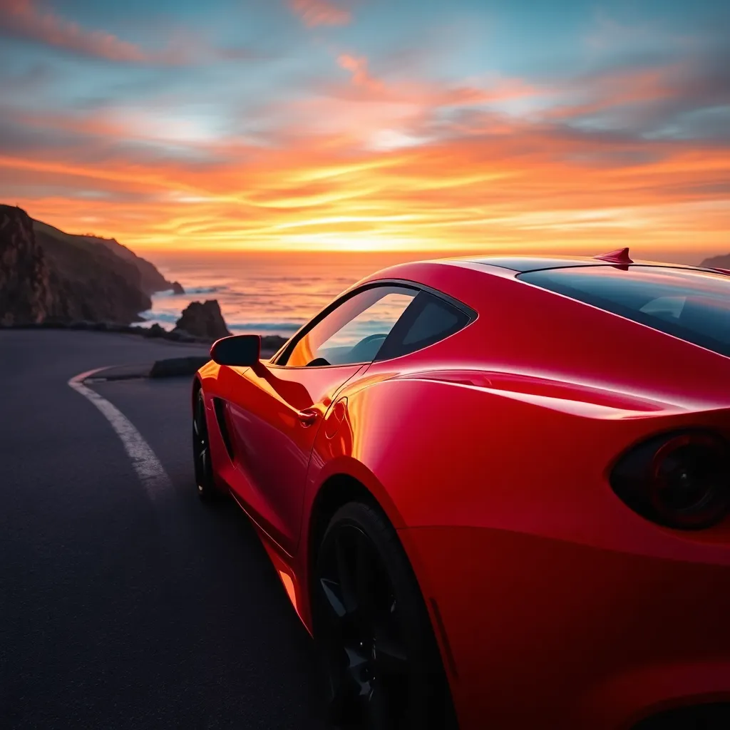 Sunset Coastal Drive with Sports Car