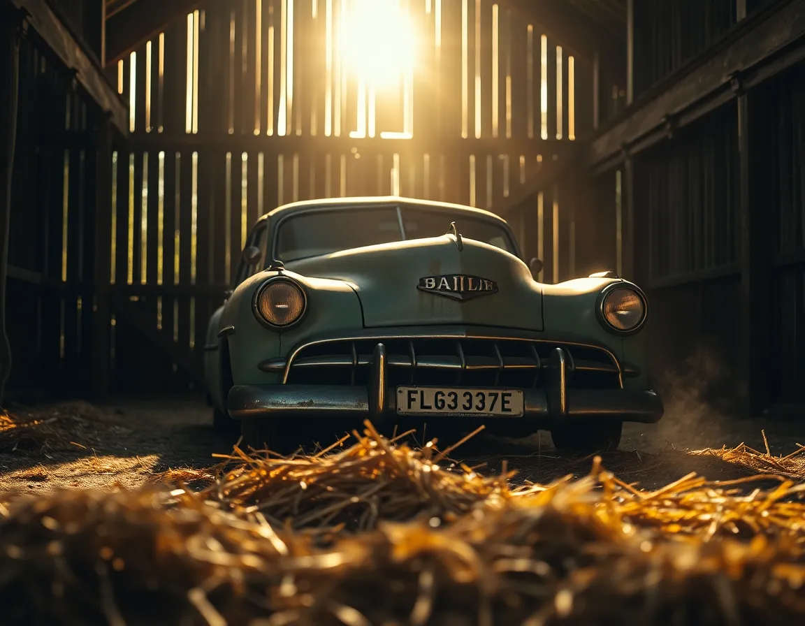 This captivating image features a vintage car resting in a dusty barn, illuminated by soft golden hour light. The warmth of the color palette creates an inviting, nostalgic atmosphere. The barn's wooden beams and hay add texture that complements the car's weathered exterior, while the sharp focus captures every detail. Dust motes dancing in the light enhance the rustic charm of this serene setting.