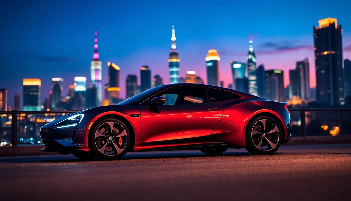 This stunning image features a sleek electric sports car parked against a vibrant city skyline at twilight. Neon signs reflect off its polished surface, enhancing the car's curves. The deep blues and vivid pinks of the evening sky create a captivating atmosphere. With a shallow depth of field, the background melts into soft bokeh, focusing attention on the vehicle. The overall composition adheres to the rule of thirds, drawing the viewer's eye toward this modern marvel.