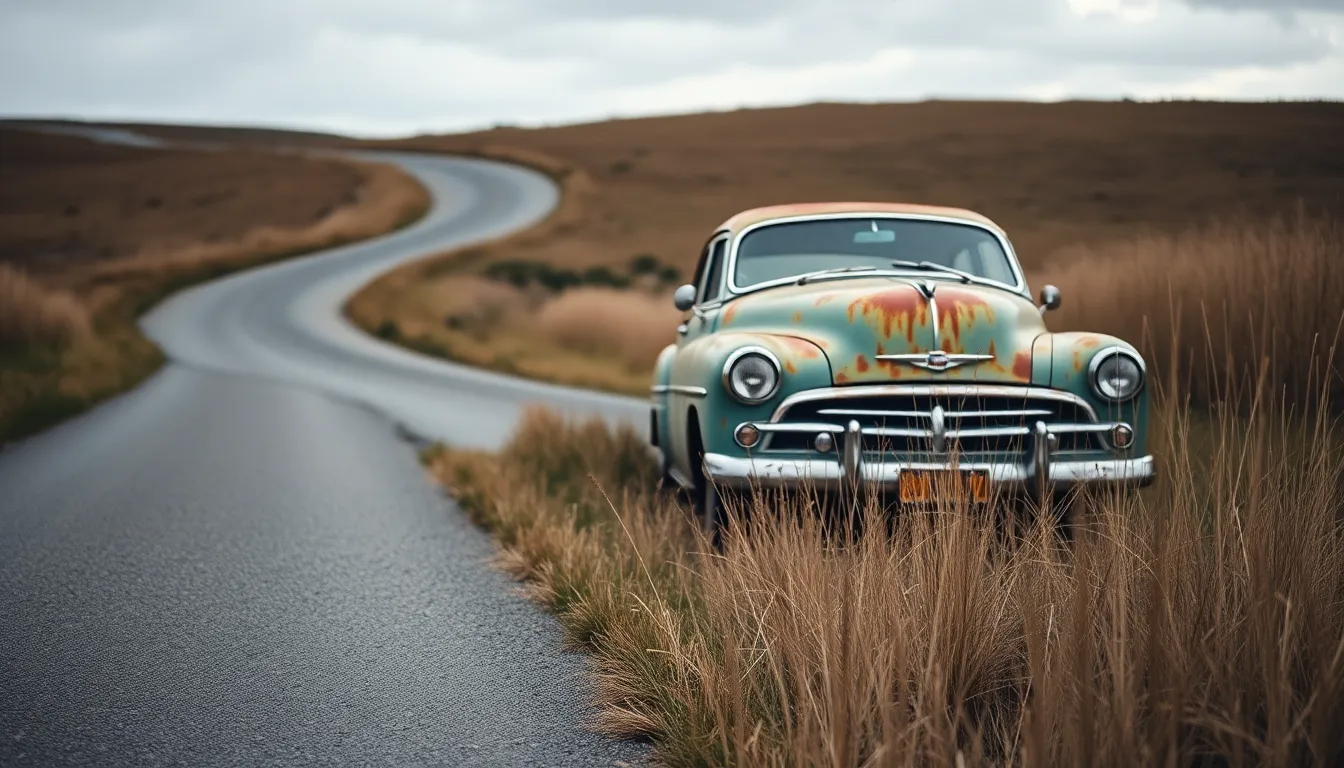 A classic car is parked on a winding country road, surrounded by tall grass under an overcast sky. The soft, diffused light creates an even illumination, highlighting the aging paint and rust on the vehicle. A carefully chosen hyperfocal depth of field captures the surrounding landscape, inviting the viewer to appreciate both the car and its natural setting in harmony.