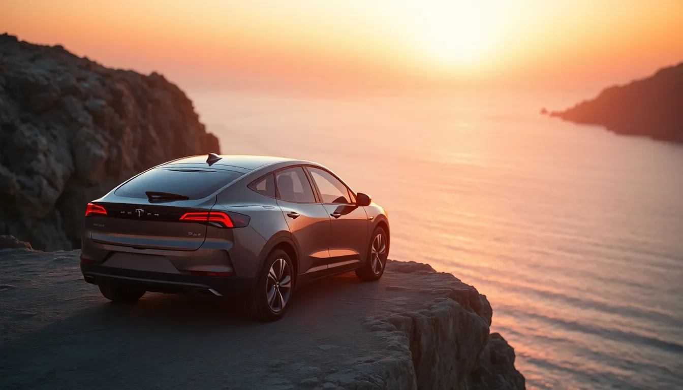 This stunning image features a sleek electric vehicle parked on a cliff, bathed in the warm glow of a sunset. The dramatic backdrop of the ocean reflects vibrant hues of orange and pink, creating a perfect contrast with the car's modern lines. With soft backlighting enhancing the scene, the viewer's attention is drawn towards the shimmering water and the rich textures of the rocky cliff. This composition perfectly captures the essence of innovation meeting nature.