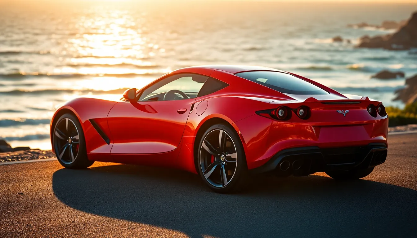 This striking image features a glossy red sports car cruising along a picturesque coastal road at sunset. The warm golden light highlights the car's sleek design, creating a stunning contrast with the deep blue ocean in the background. The soft bokeh adds depth to the scene, making the car stand out as the focal point. Captured in shallow depth of field, every detail of the car's surface texture is visible, enhancing its appeal.
