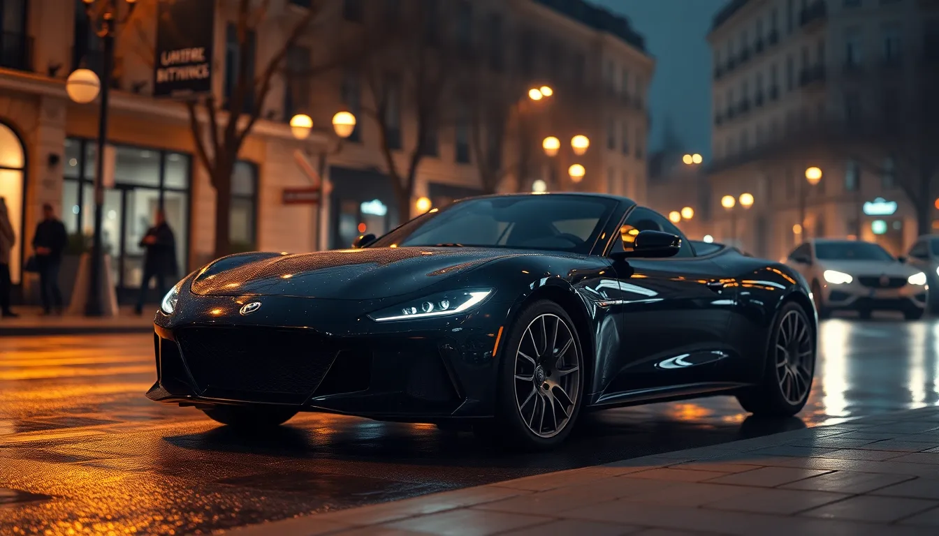 A striking image of a sleek black luxury car parked on a city street during a rainy night. Soft reflections from wet pavement and warm street lamps illuminate the scene, creating an atmospheric vibe. The shallow depth of field draws the viewer’s attention to the contours of the car while the background gently melts into a soft bokeh. With naturally desaturated earth tones, this photograph encapsulates the elegance and allure of urban life in the rain.