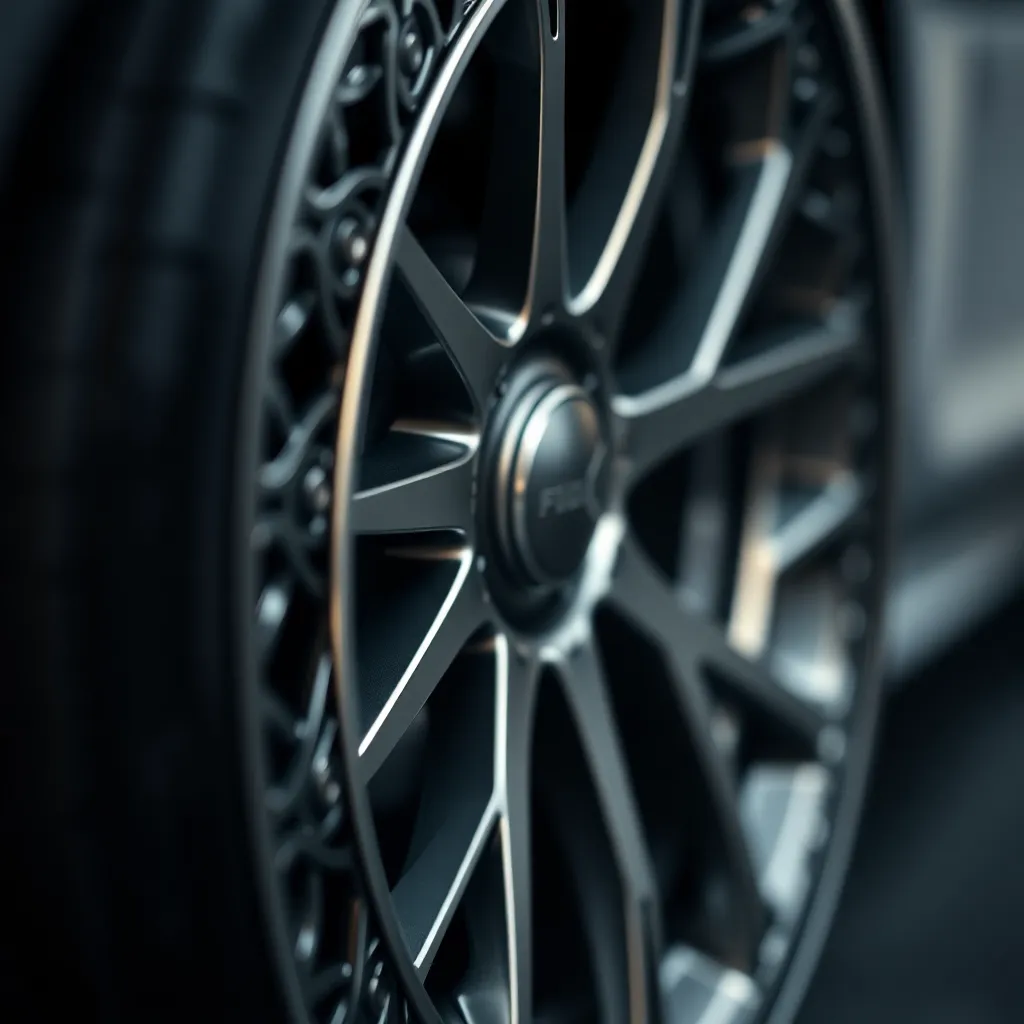 This close-up shot beautifully highlights the intricate designs of a luxury car's wheel rim. The soft lighting accentuates the metallic textures, while a blurred background ensures the focus remains on the stunning craftsmanship. Deep silvers and blacks create a sense of sophistication, making this image ideal for automotive advertising and luxury brands.