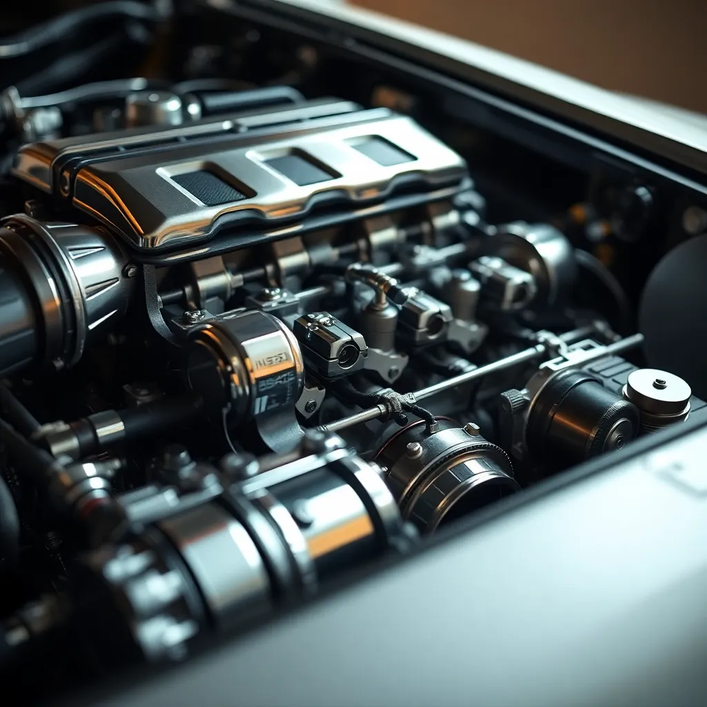 This striking macro photograph focuses on the intricate details of a car engine, highlighting polished chrome and complex mechanical components. Dramatic studio lighting enhances texture, creating captivating highlights and shadows. Selective focus brings the engine's details into sharp relief while gently blurring the background. The rich metallic tones and deep blacks evoke a powerful industrial aesthetic. The centered composition emphasizes the visual complexity and engineering prowess of the engine, inviting the viewer to explore its intricacies.