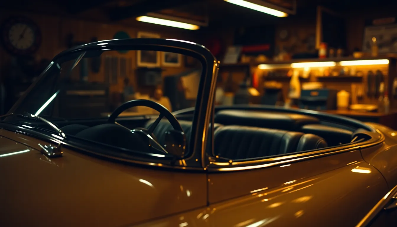 A classic vintage car exudes character in a dimly lit garage, bathed in warm tungsten light that creates a nostalgic mood. The intricate details of the car, such as its polished chrome and aged leather, are sharply focused against a soft, blurred background. This intimate setting captures the essence of automotive history and craftsmanship, inviting the viewer to appreciate the timeless beauty of classic vehicles. The angle of the shot adds depth, enhanced by the surrounding tools and memorabilia.