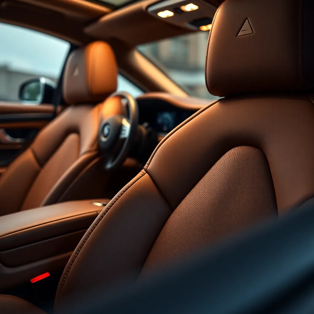 This exquisite close-up image showcases the elegant interior of a luxury car, highlighting the rich textures of leather seats and finely crafted dashboard. Soft, diffused lighting enhances the intricate stitching and materials, inviting the viewer to appreciate the luxury and attention to detail. The shallow depth of field isolates the space, creating a warm and inviting atmosphere that reflects sophistication and comfort. This composition captures the essence of automotive luxury.